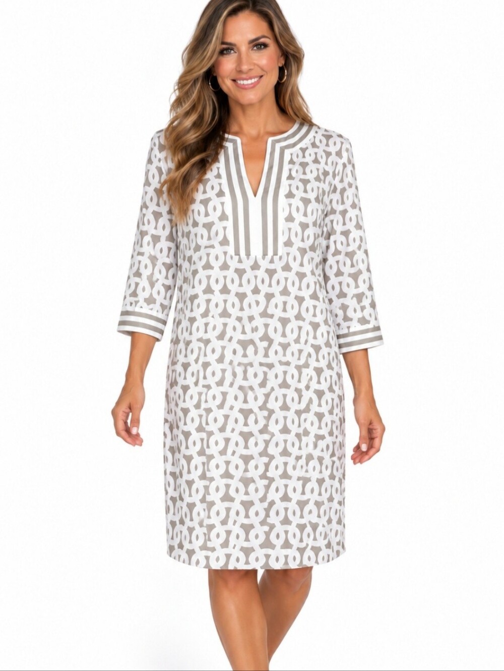 Gretchen Scott Dress L Gray White Geometric Split Neck 3/4 Sleeve Stretch Shift